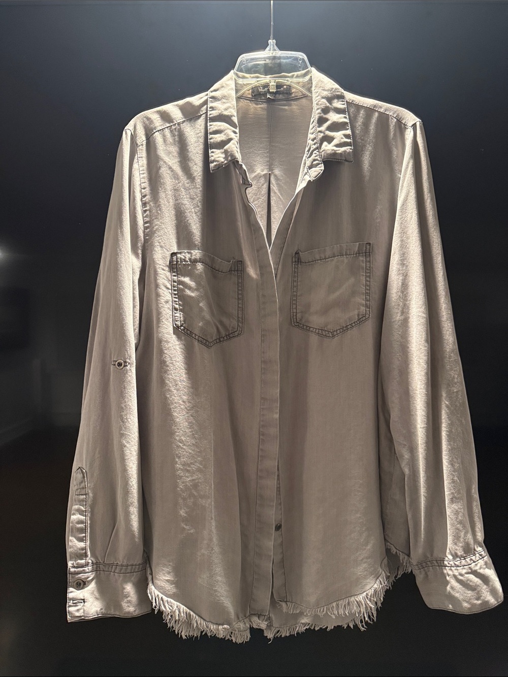 Velvet Heart grey soft button down shirt fringed hem
